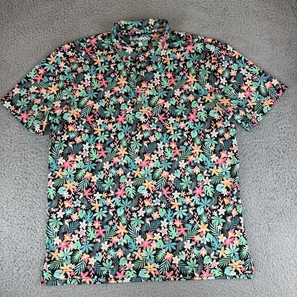 Chubbies Shirt Mens S Multicolor Floral Toucan Hawaiian Polo Stretch Tropical
